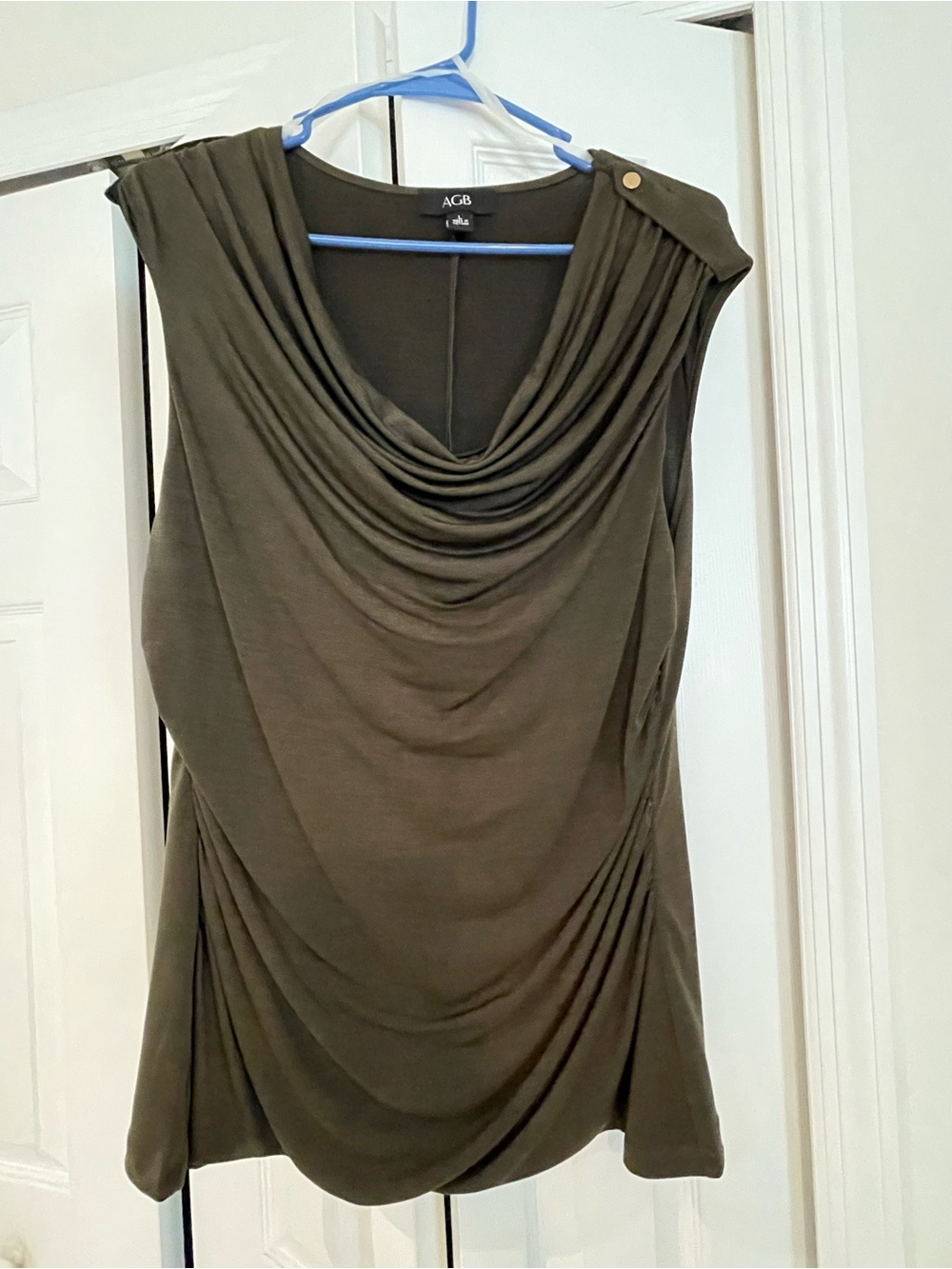 AGB Olive Draped Cowl Neck Sleeveless Top with Shoulder Button